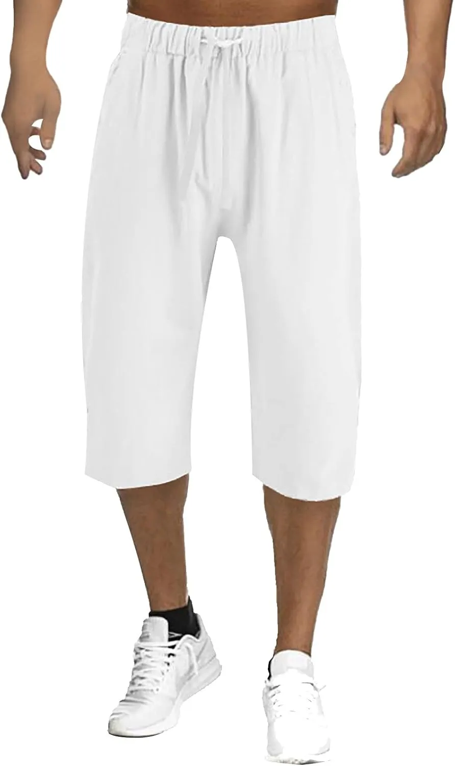 ZYXTIM Men 3/4 Linen Cotton Capri Pants Elastic Waist Casual Loose Baggy Harem Trousers 3/4 Length Summer Shorts Big&Tall