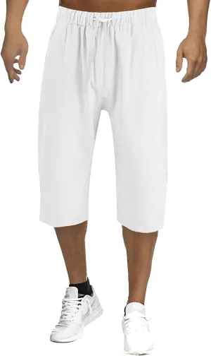 ZYXTIM Men 3/4 Linen Cotton Capri Pants Elastic Waist Casual Loose Baggy Harem Trousers 3/4 Length Summer Shorts Big&Tall