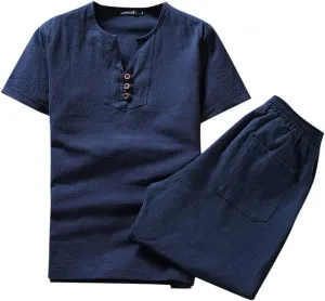 ZYXTIM Men's Casual Short Sets Oversize Chinese Styles Kung Fu Cotton Linen Button V Neck Tops Summer Trousers Loungewear