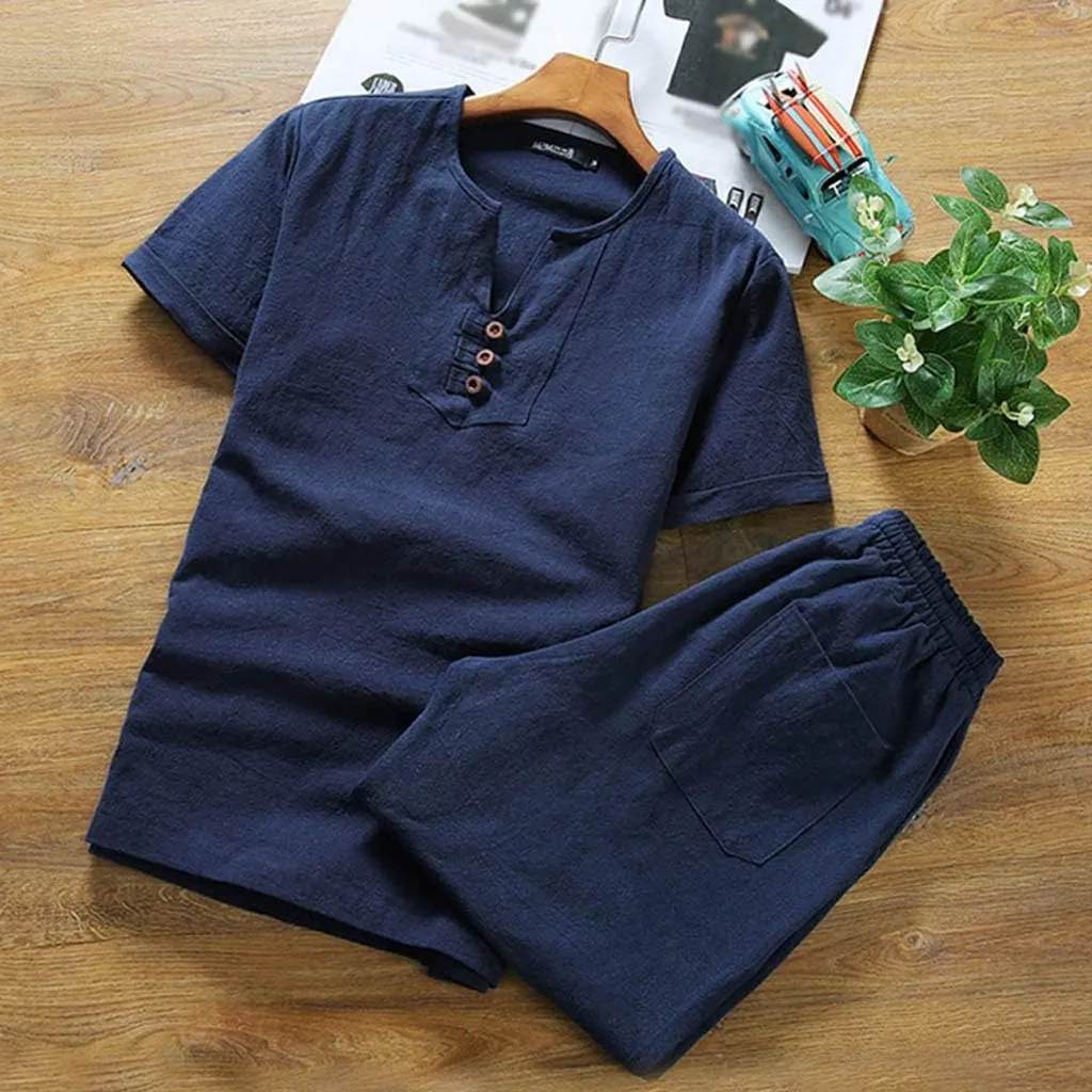 ZYXTIM Men's Casual Short Sets Oversize Chinese Styles Kung Fu Cotton Linen Button V Neck Tops Summer Trousers Loungewear